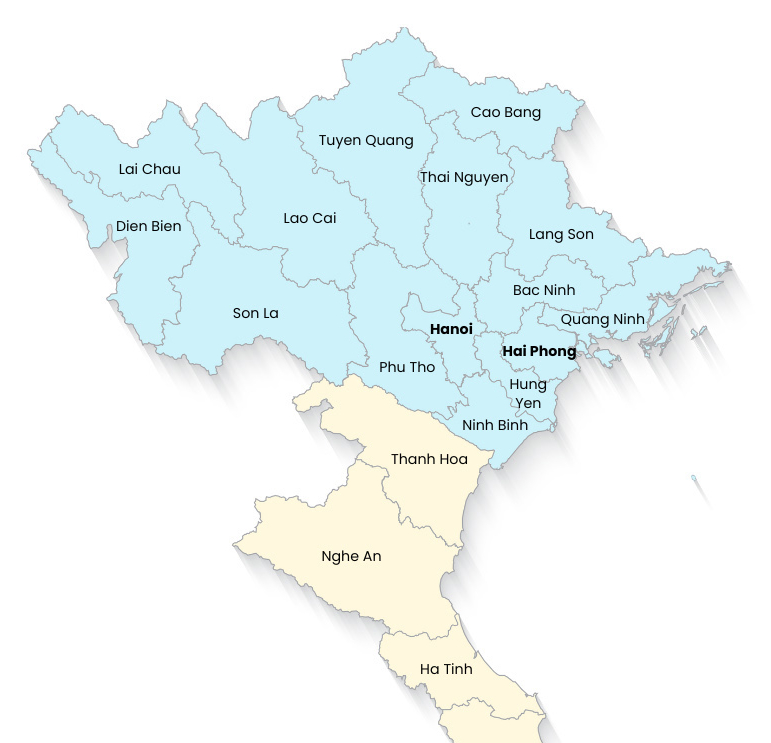 Vietnam map with regions, provinces, and cities